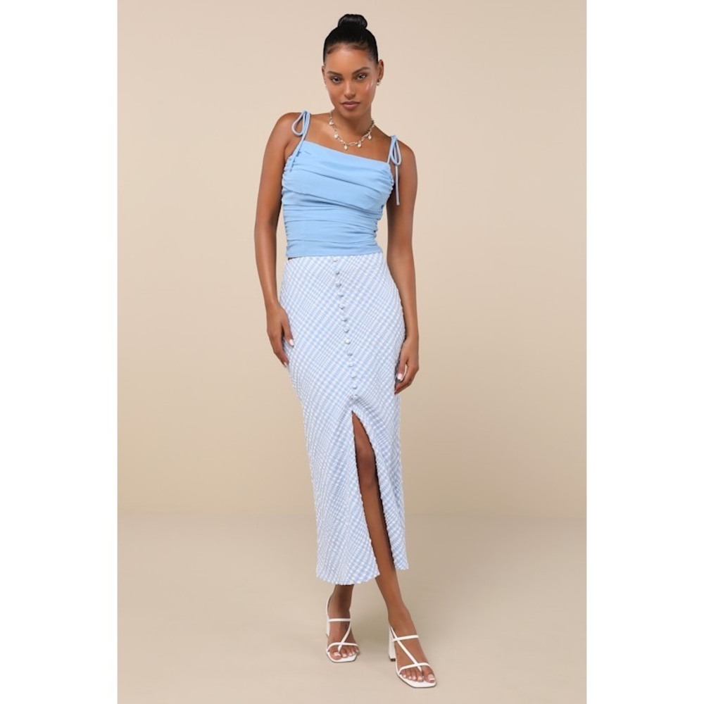 NWT Lulus Blue Gingham Textured Button-front Midi Skirt - Size S